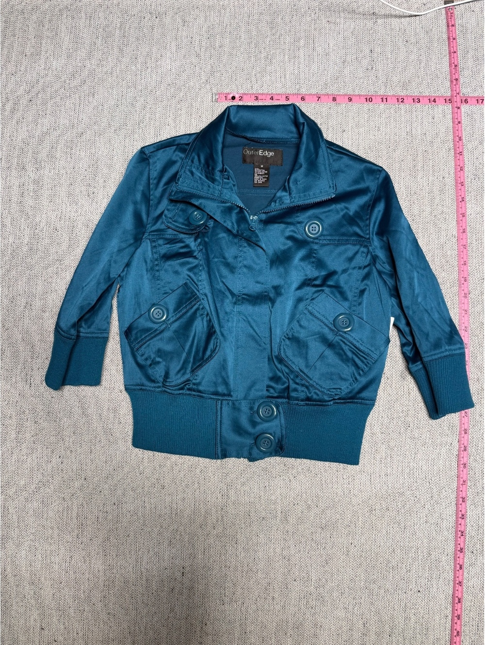 Outer Edge Womens Teal Satin Bomber Jacket Size M NWT